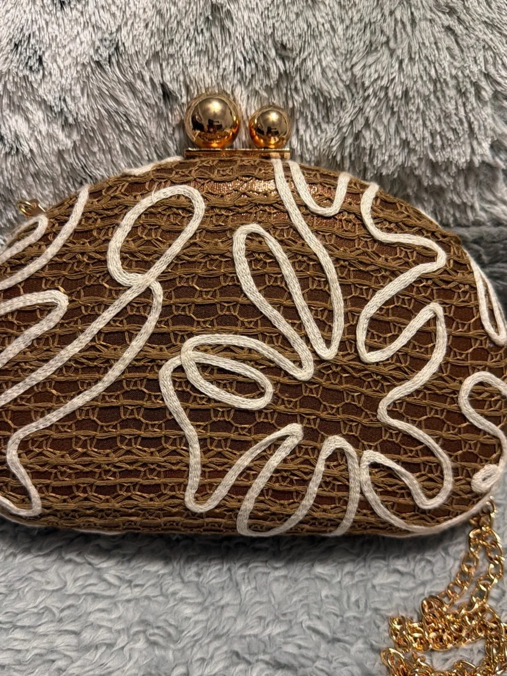 Haute Hippie Brown Woven Floral Applique Clutch Bag with Gold Hardware